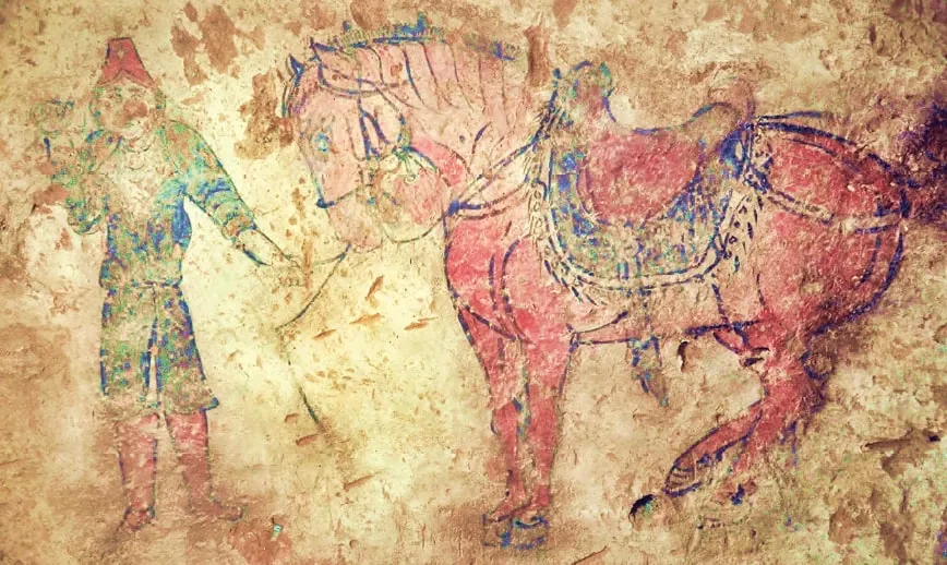 Bir Göktürk Atlısı duvar resmi. Moğolistan'da bulundu.